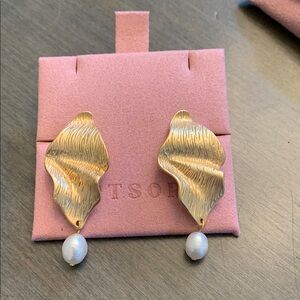 Gold Leaf Earrings with Pearl Drop